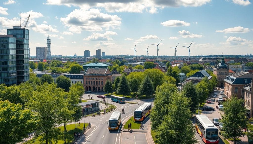 A lush, sun-dappled city skyline of Copenhagen, Denmark, where modern, energy-efficient buildings coexist with verdant parks and cycling lanes. In the foreground, a bustling street scene showcases electric vehicles, solar-powered transit, and pedestrians enjoying the clean, sustainable urban environment. The middle ground features a wind farm on the distant horizon, harnessing the country's plentiful natural resources. The overall atmosphere conveys a sense of harmony between technology, nature, and a thriving, eco-conscious community, reflecting Denmark's pioneering commitment to a green future. A lush, sun-dappled city skyline of Copenhagen, Denmark, where modern, energy-efficient buildings coexist with verdant parks and cycling lanes. In the foreground, a bustling street scene showcases electric vehicles, solar-powered transit, and pedestrians enjoying the clean, sustainable urban environment. The middle ground features a wind farm on the distant horizon, harnessing the country's plentiful natural resources. The overall atmosphere conveys a sense of harmony between technology, nature, and a thriving, eco-conscious community, reflecting Denmark's pioneering commitment to a green future.