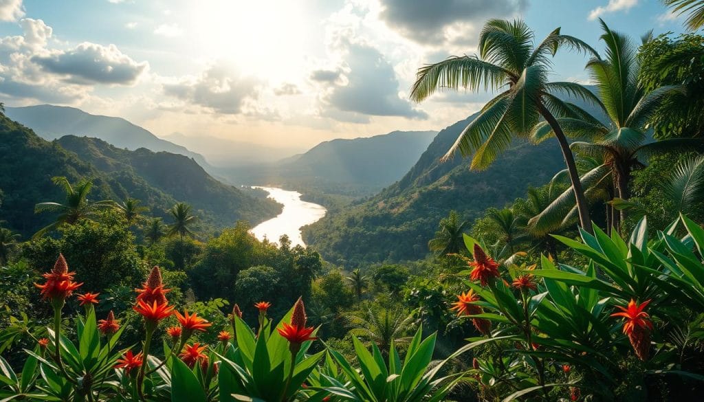 A lush tropical landscape in Equatorial Guinea, where the equatorial sun casts a warm glow over a tapestry of verdant foliage. In the foreground, a vibrant array of exotic flowers and plants sway gently in the breeze. The middle ground reveals a winding river, its waters reflecting the towering canopy of ancient trees overhead. Deeper into the scene, rugged mountains rise, their slopes cloaked in a rich, diverse ecosystem teeming with rare and endangered species. The overall atmosphere is one of serene, untamed beauty, capturing the essence of Equatorial Guinea's unparalleled biodiversity.
