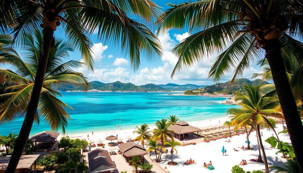 A lush tropical landscape nestled in the Caribbean, the Dominican Republic shines brightest during the dry season. Capture the essence of its ideal visit time with a high-angle shot showcasing the sun-dappled beaches, swaying palm trees, and vibrant blue waters. In the foreground, sun-seekers relax on pristine white sand, while the middle ground features traditional thatch-roofed cabanas and seaside promenades. The background opens up to verdant mountains and rolling hills, hinting at the country's diverse natural wonders. Infuse the scene with a warm, golden glow to evoke the warm, inviting atmosphere of the Dominican Republic during its prime visiting months. A lush tropical landscape nestled in the Caribbean, the Dominican Republic shines brightest during the dry season. Capture the essence of its ideal visit time with a high-angle shot showcasing the sun-dappled beaches, swaying palm trees, and vibrant blue waters. In the foreground, sun-seekers relax on pristine white sand, while the middle ground features traditional thatch-roofed cabanas and seaside promenades. The background opens up to verdant mountains and rolling hills, hinting at the country's diverse natural wonders. Infuse the scene with a warm, golden glow to evoke the warm, inviting atmosphere of the Dominican Republic during its prime visiting months.