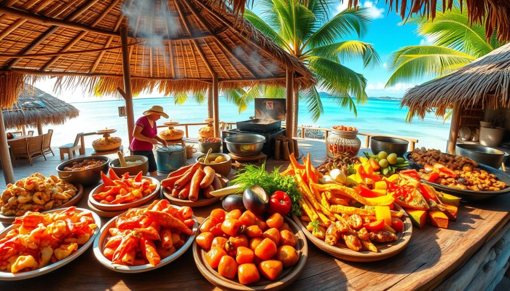 A lush tropical oasis, the Cook Islands boasts a vibrant, flavorful cuisine that reflects its Polynesian heritage. In the foreground, a bountiful spread of local delicacies - fresh, succulent seafood, tender roasted meats, and an array of vibrant, vividly-colored fruits and vegetables. The middle ground showcases the rustic, thatched-roof architecture and traditional cooking methods, with islanders skillfully preparing dishes over open fires. In the background, a serene azure lagoon and swaying palm trees create a tranquil, sun-dappled ambiance. The lighting is soft and warm, capturing the inviting, laid-back atmosphere of this Pacific paradise. Wide-angle lens captures the full scope of this culinary and cultural experience. A lush tropical oasis, the Cook Islands boasts a vibrant, flavorful cuisine that reflects its Polynesian heritage. In the foreground, a bountiful spread of local delicacies - fresh, succulent seafood, tender roasted meats, and an array of vibrant, vividly-colored fruits and vegetables. The middle ground showcases the rustic, thatched-roof architecture and traditional cooking methods, with islanders skillfully preparing dishes over open fires. In the background, a serene azure lagoon and swaying palm trees create a tranquil, sun-dappled ambiance. The lighting is soft and warm, capturing the inviting, laid-back atmosphere of this Pacific paradise. Wide-angle lens captures the full scope of this culinary and cultural experience.