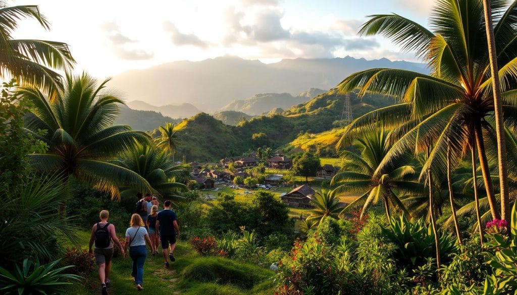 A lush tropical paradise in the Dominican Republic, with verdant rainforests, pristine beaches, and vibrant local culture. In the foreground, a group of eco-tourists explore a scenic hiking trail, surrounded by towering palm trees and colorful native flora. In the middle ground, a traditional Dominican village nestled among rolling hills, with thatched-roof buildings and locals going about their daily lives. In the background, the majestic Blue Mountains rise up, their peaks shrouded in mist. The scene is bathed in warm, golden sunlight, conveying a sense of tranquility and harmony between nature and human activity. This image captures the essence of sustainable tourism in the Dominican Republic, where visitors can immerse themselves in the country's natural beauty while respecting the environment. A lush tropical paradise in the Dominican Republic, with verdant rainforests, pristine beaches, and vibrant local culture. In the foreground, a group of eco-tourists explore a scenic hiking trail, surrounded by towering palm trees and colorful native flora. In the middle ground, a traditional Dominican village nestled among rolling hills, with thatched-roof buildings and locals going about their daily lives. In the background, the majestic Blue Mountains rise up, their peaks shrouded in mist. The scene is bathed in warm, golden sunlight, conveying a sense of tranquility and harmony between nature and human activity. This image captures the essence of sustainable tourism in the Dominican Republic, where visitors can immerse themselves in the country's natural beauty while respecting the environment.