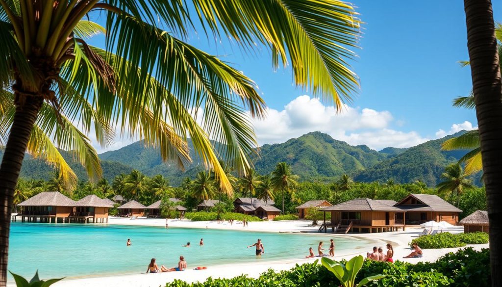 A lush, tropical paradise with swaying palm trees and crystal-clear turquoise waters. In the foreground, a range of inviting accommodations, from luxurious overwater bungalows to cozy beachside cottages. Guests soak up the sun on pristine white-sand beaches, while in the background, rolling hills and lush vegetation create a serene, picturesque setting. Soft, warm lighting accentuates the natural beauty, capturing the essence of the Cook Islands' unique charm and hospitality. Photographed with a wide-angle lens to showcase the breadth of the accommodation options, from high-end resorts to intimate local homestays. A lush, tropical paradise with swaying palm trees and crystal-clear turquoise waters. In the foreground, a range of inviting accommodations, from luxurious overwater bungalows to cozy beachside cottages. Guests soak up the sun on pristine white-sand beaches, while in the background, rolling hills and lush vegetation create a serene, picturesque setting. Soft, warm lighting accentuates the natural beauty, capturing the essence of the Cook Islands' unique charm and hospitality. Photographed with a wide-angle lens to showcase the breadth of the accommodation options, from high-end resorts to intimate local homestays.