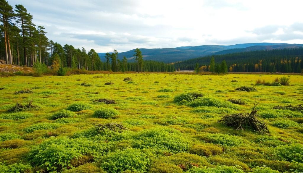 A lush, verdant bog sprawls across the foreground, its vibrant mosses and ferns carpeting the marshy terrain. In the middle distance, a dense, ancient forest of towering pines and birches rises, their branches reaching towards a soft, diffused light filtering through wispy clouds. Faraway hills undulate on the horizon, their slopes blanketed in a tapestry of evergreens and autumn-kissed foliage. The scene exudes a serene, unspoiled tranquility, inviting the viewer to immerse themselves in Estonia's pristine, eco-friendly natural wonders.