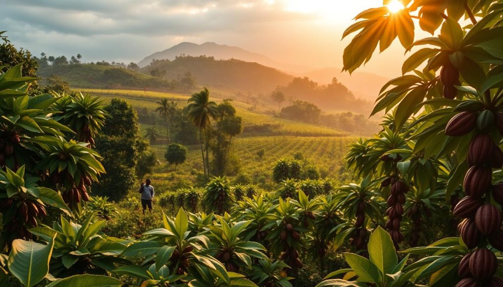 A lush, verdant cocoa plantation nestled in the rolling hills of Cote d'Ivoire, West Africa. In the foreground, workers carefully tend to the vibrant cocoa pods, their rich brown hues contrasting against the deep green leaves. The middle ground reveals row after row of flourishing cocoa trees, their branches laden with the precious fruit. In the background, misty mountains rise up, creating a serene and picturesque landscape. The warm, golden sunlight filters through the canopy, casting a soft glow over the entire scene. A sense of tranquility and industry permeates the image, capturing the essence of Cote d'Ivoire's world-renowned cocoa industry.