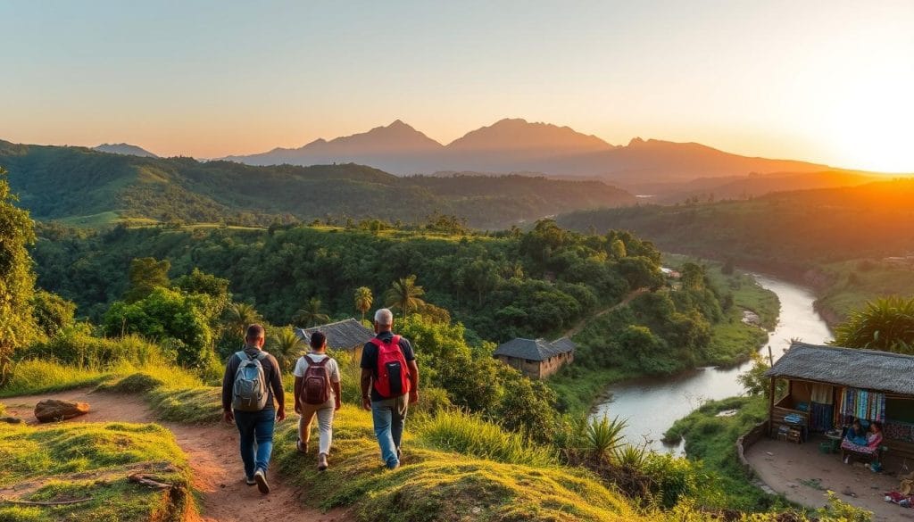 A lush, verdant landscape of Equatorial Guinea comes into view, featuring rolling hills, dense rainforests, and a winding river cutting through the terrain. In the foreground, a group of budget-conscious travelers explore the region, trekking along a dirt path, backpacks in tow. The mid-ground showcases traditional mud-brick huts and a local market, where vibrant fabrics and handcrafted goods are on display. In the background, the silhouettes of towering mountains rise against a warm, golden-hued sky, bathed in the soft glow of the setting sun. The scene radiates a sense of adventure, cultural immersion, and the beauty of Equatorial Guinea's untamed natural wonders.