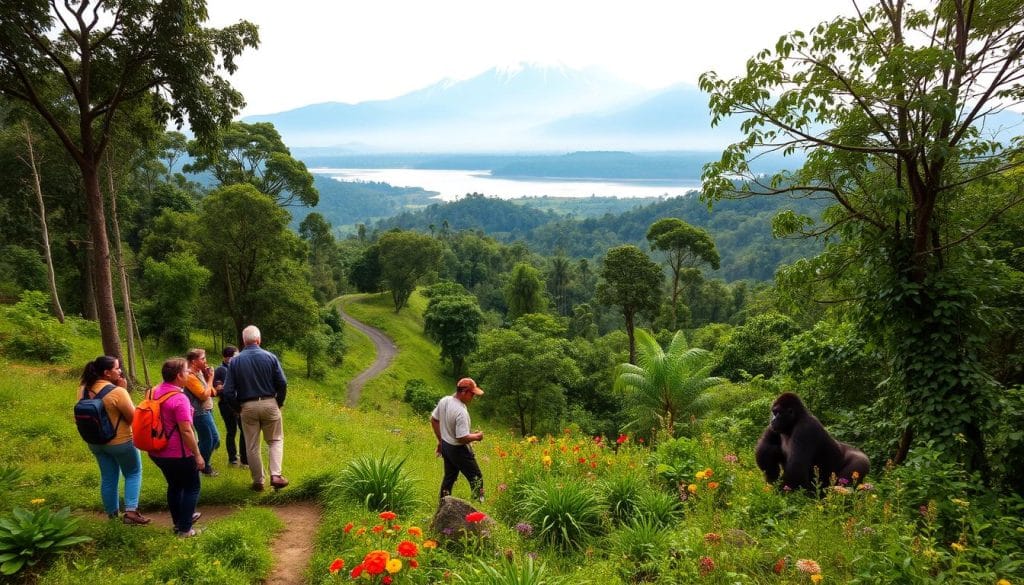 A lush, verdant landscape of Virunga National Park in the Democratic Republic of the Congo, capturing the essence of eco-friendly travel. In the foreground, a group of tourists exploring the park's diverse flora and fauna, observing mountain gorillas in their natural habitat with awe and respect. The middle ground features a winding hiking trail, flanked by towering trees and vibrant wildflowers. In the background, the majestic Rwenzori Mountains rise, their snow-capped peaks reflected in the pristine lakes. Soft, diffused lighting illuminates the scene, creating a serene and tranquil atmosphere that encourages sustainable tourism and environmental preservation. A lush, verdant landscape of Virunga National Park in the Democratic Republic of the Congo, capturing the essence of eco-friendly travel. In the foreground, a group of tourists exploring the park's diverse flora and fauna, observing mountain gorillas in their natural habitat with awe and respect. The middle ground features a winding hiking trail, flanked by towering trees and vibrant wildflowers. In the background, the majestic Rwenzori Mountains rise, their snow-capped peaks reflected in the pristine lakes. Soft, diffused lighting illuminates the scene, creating a serene and tranquil atmosphere that encourages sustainable tourism and environmental preservation.