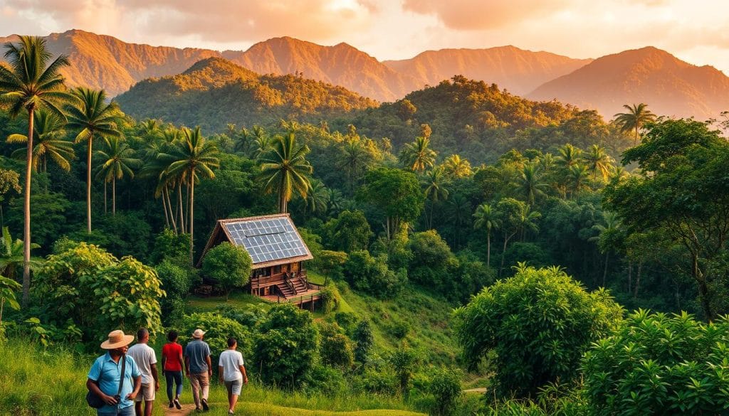 A lush, verdant landscape of the Democratic Republic of the Congo, showcasing eco-friendly travel initiatives. In the foreground, a group of tourists explore a nature reserve, marveling at the vibrant flora and fauna. In the middle ground, a community-run eco-lodge nestled amidst towering trees, its solar panels and sustainable design in harmony with the surrounding environment. In the background, majestic mountains rise, their slopes adorned with dense, untouched rainforest. The scene is bathed in warm, golden light, conveying a sense of tranquility and environmental stewardship. The image captures the essence of responsible tourism that empowers local communities and preserves the natural wonders of the Congo. A lush, verdant landscape of the Democratic Republic of the Congo, showcasing eco-friendly travel initiatives. In the foreground, a group of tourists explore a nature reserve, marveling at the vibrant flora and fauna. In the middle ground, a community-run eco-lodge nestled amidst towering trees, its solar panels and sustainable design in harmony with the surrounding environment. In the background, majestic mountains rise, their slopes adorned with dense, untouched rainforest. The scene is bathed in warm, golden light, conveying a sense of tranquility and environmental stewardship. The image captures the essence of responsible tourism that empowers local communities and preserves the natural wonders of the Congo.