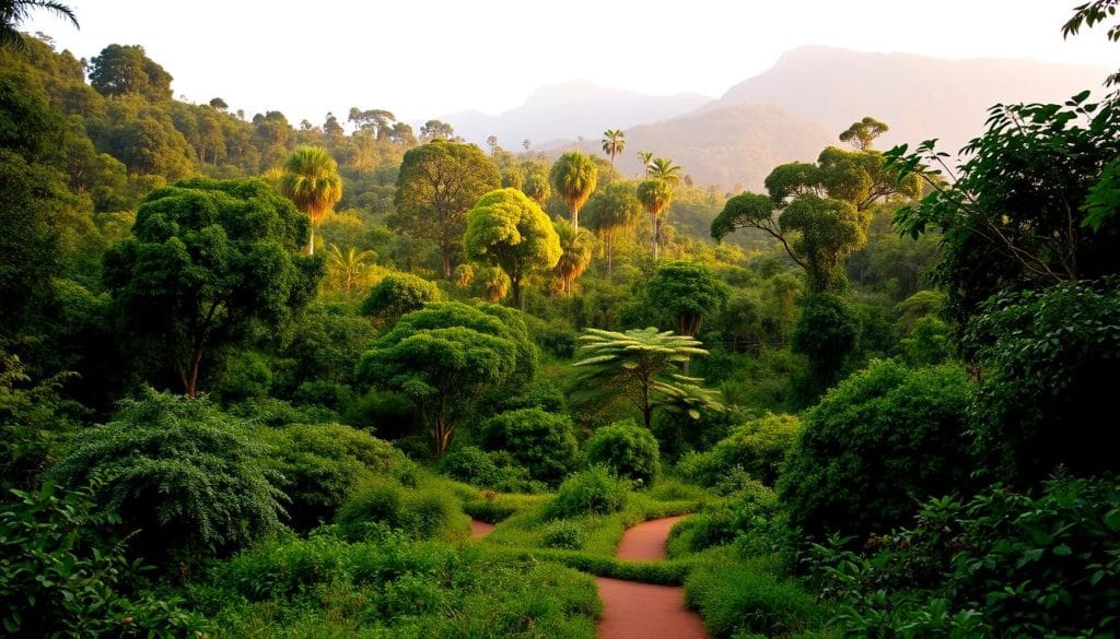 A lush, verdant landscape of the Monte Alen National Park, Equatorial Guinea. In the foreground, a winding path meanders through the dense, vibrant foliage, inviting eco-conscious travelers to explore this pristine rainforest. The middle ground showcases the park's diverse flora, with towering trees and vibrant undergrowth bathed in warm, filtered sunlight. In the background, misty mountains rise up, creating a serene and untouched atmosphere. The scene evokes a sense of tranquility and harmony, highlighting the park's commitment to sustainable tourism and the preservation of its natural wonders.