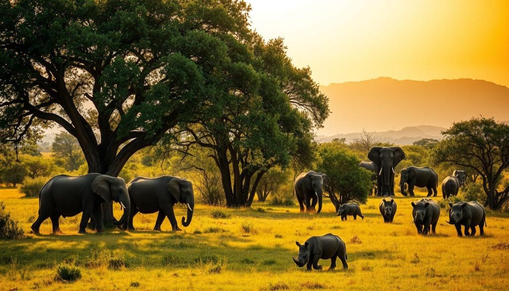 A lush, verdant savanna in Eswatini, with towering acacia trees casting dappled shadows across the sun-drenched grasslands. In the foreground, a majestic herd of African elephants grazes peacefully, their massive bodies in harmony with the landscape. In the middle ground, a family of endangered black rhinos rests in the shade, protected by dedicated wildlife rangers. The background features a dramatic mountainous horizon, hazy with the golden glow of the setting sun, symbolizing the conservation efforts that have safeguarded this vital ecosystem. The scene evokes a sense of tranquility and the successful preservation of Eswatini's remarkable wildlife. A lush, verdant savanna in Eswatini, with towering acacia trees casting dappled shadows across the sun-drenched grasslands. In the foreground, a majestic herd of African elephants grazes peacefully, their massive bodies in harmony with the landscape. In the middle ground, a family of endangered black rhinos rests in the shade, protected by dedicated wildlife rangers. The background features a dramatic mountainous horizon, hazy with the golden glow of the setting sun, symbolizing the conservation efforts that have safeguarded this vital ecosystem. The scene evokes a sense of tranquility and the successful preservation of Eswatini's remarkable wildlife.