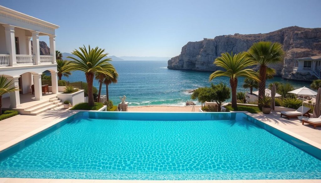 A luxurious coastal resort nestled in the heart of Cyprus, overlooking the sparkling Mediterranean Sea. The scene depicts a grand, white-washed villa with crisp, clean lines and elegant architectural details. The foreground features a pristine, infinity-edge pool with crystal-clear azure waters, surrounded by lush, manicured gardens and swaying palm trees. The middle ground showcases the villa's private beach, with soft, golden sand and gently lapping waves. In the background, rugged, sun-kissed cliffs rise majestically, creating a dramatic and picturesque setting. The overall atmosphere is one of serene, understated sophistication, perfect for discerning travelers seeking a truly indulgent and memorable Cypriot experience.