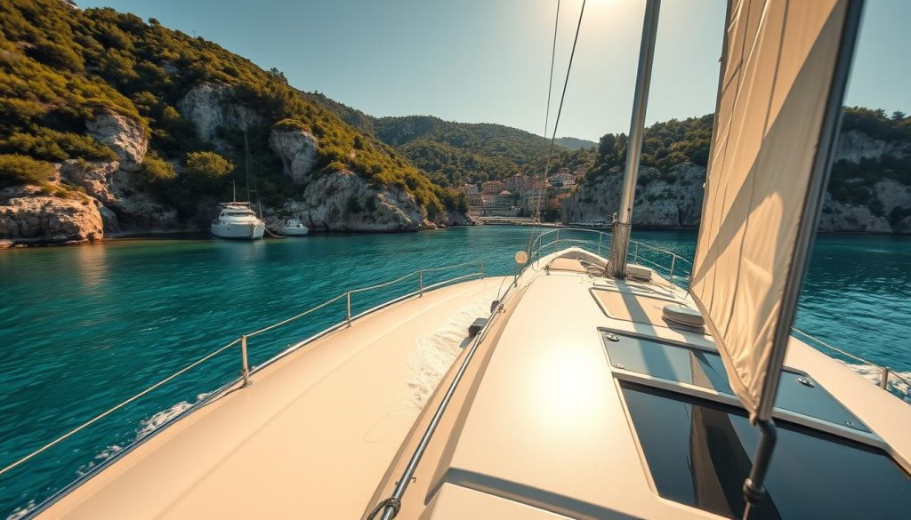A luxury yacht gracefully sailing across the crystal-clear turquoise waters of the Croatian coast, its sleek and sophisticated design reflecting the sun's golden rays. The vessel is anchored in a secluded cove, surrounded by lush, verdant cliffs and a picturesque village in the distance. A warm, Mediterranean breeze fills the sails, creating a serene and tranquil atmosphere. The camera angle captures the yacht's elegant lines and luxurious amenities, showcasing the epitome of a lavish Croatian getaway.