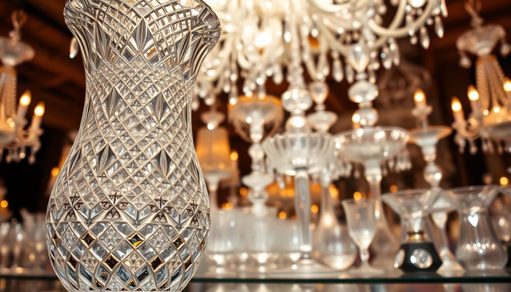 A magnificent display of Bohemian crystal craftsmanship, captured in a warm, amber-hued lighting that accentuates the intricate facets and sparkling surfaces. In the foreground, a delicate crystal vase, its intricate patterns and curves creating a mesmerizing play of light and shadow. In the middle ground, a collection of ornate crystal stemware, each piece a testament to the skill and artistry of the glassblowers. The background is dominated by a display of carefully curated crystal chandeliers, their intricate designs casting a soft, ethereal glow throughout the scene. The overall atmosphere conveys a sense of timeless elegance and the enduring legacy of Czechia's renowned crystal tradition.