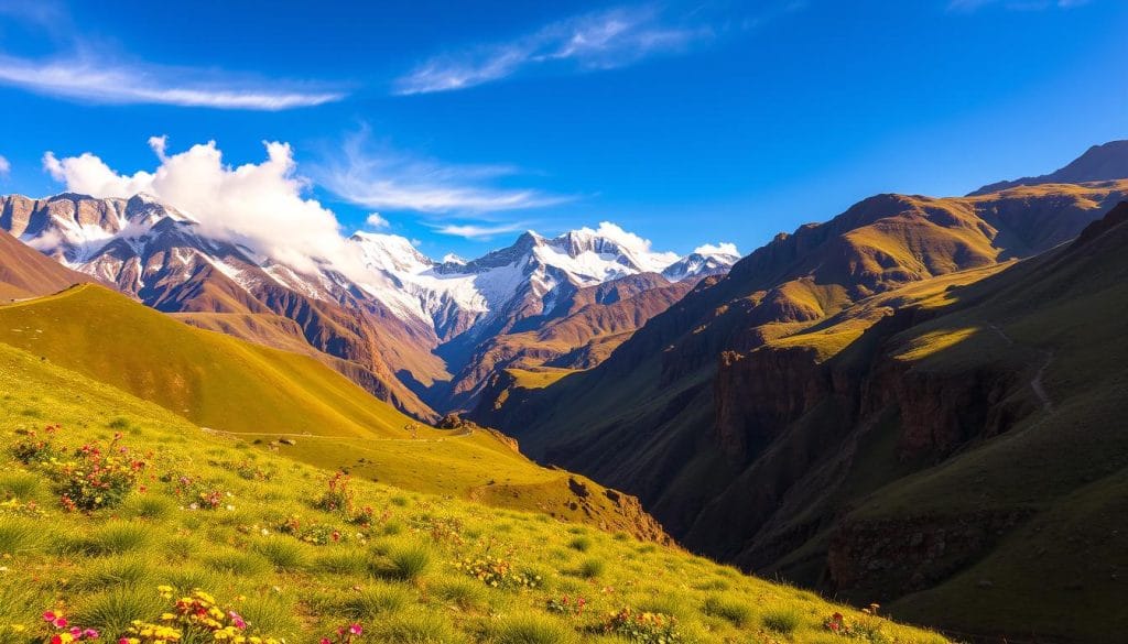 A majestic Andean landscape in Ecuador, bathed in warm golden light. In the foreground, rolling green hills dotted with vibrant wildflowers sway gently in the mountain breeze. Towering, snow-capped peaks rise up in the middle distance, their jagged silhouettes casting dramatic shadows across the scene. Wisps of clouds drift lazily through the crisp, azure sky. In the background, a rugged, rocky canyon cuts through the earth, its deep crevices and natural formations sculpted by centuries of erosion. The overall atmosphere is one of serene, awe-inspiring beauty, capturing the essence of Ecuador's highland treasures. A majestic Andean landscape in Ecuador, bathed in warm golden light. In the foreground, rolling green hills dotted with vibrant wildflowers sway gently in the mountain breeze. Towering, snow-capped peaks rise up in the middle distance, their jagged silhouettes casting dramatic shadows across the scene. Wisps of clouds drift lazily through the crisp, azure sky. In the background, a rugged, rocky canyon cuts through the earth, its deep crevices and natural formations sculpted by centuries of erosion. The overall atmosphere is one of serene, awe-inspiring beauty, capturing the essence of Ecuador's highland treasures.
