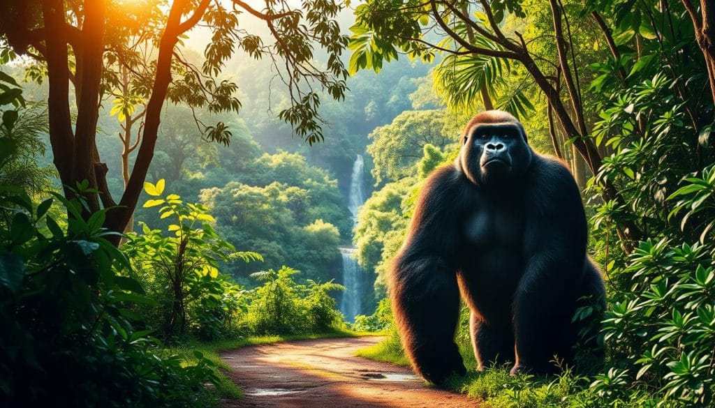 A majestic Eastern Lowland Gorilla stands in a lush, verdant rainforest, its powerful frame silhouetted against a vibrant, sun-dappled backdrop. The gentle giant appears poised and serene, its deep, soulful eyes gazing out with a sense of quiet contemplation. In the foreground, a winding path leads through the undergrowth, inviting the viewer to explore this eco-friendly travel destination. The verdant foliage, towering trees, and a distant waterfall create a stunning, immersive atmosphere, transporting the observer to the heart of the Democratic Republic of the Congo, where this endangered species makes its home. Soft, warm lighting filters through the canopy, casting a natural, organic glow over the scene. A majestic Eastern Lowland Gorilla stands in a lush, verdant rainforest, its powerful frame silhouetted against a vibrant, sun-dappled backdrop. The gentle giant appears poised and serene, its deep, soulful eyes gazing out with a sense of quiet contemplation. In the foreground, a winding path leads through the undergrowth, inviting the viewer to explore this eco-friendly travel destination. The verdant foliage, towering trees, and a distant waterfall create a stunning, immersive atmosphere, transporting the observer to the heart of the Democratic Republic of the Congo, where this endangered species makes its home. Soft, warm lighting filters through the canopy, casting a natural, organic glow over the scene.