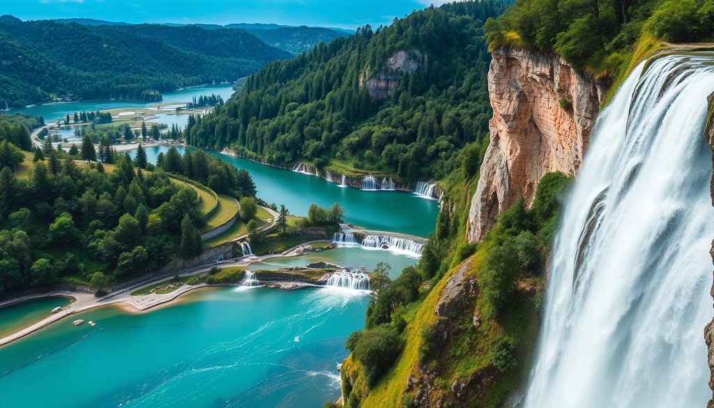 A majestic cascade of pristine turquoise waters cascading over a series of lush, verdant terraced lakes in the heart of Plitvice Lakes National Park, Croatia. In the foreground, the thundering main waterfall plunges down a dramatic limestone cliff, its mist-shrouded flow illuminated by soft, diffused natural lighting. The middle ground features a network of interconnected azure pools and meandering streams, framed by towering emerald-hued trees and verdant foliage. In the distant background, a vista of rugged, forested hills creates a serene, awe-inspiring natural landscape. Capture the breathtaking beauty and tranquility of this UNESCO World Heritage site.