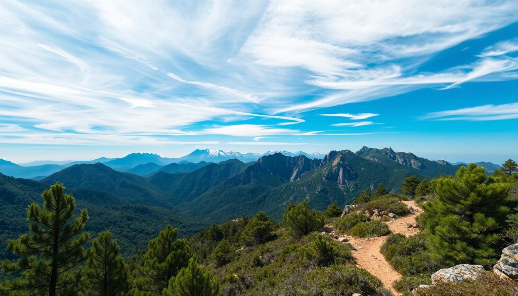 A majestic landscape of the Troodos Mountains in Cyprus, captured in a breathtaking adventure travel scene. In the foreground, a rugged hiking trail winds through lush, verdant forests, with sunlight filtering through the canopy. The middle ground showcases dramatic peaks and ridges, their rocky faces casting dramatic shadows in the afternoon light. In the background, snow-capped summits rise against a vibrant, azure sky, with wispy clouds drifting lazily overhead. The scene exudes a sense of tranquility and adventure, inviting the viewer to explore the natural wonders of this captivating region. Captured with a wide-angle lens, the image presents a panoramic, cinematic perspective that captures the awe-inspiring grandeur of the Troodos Mountains.