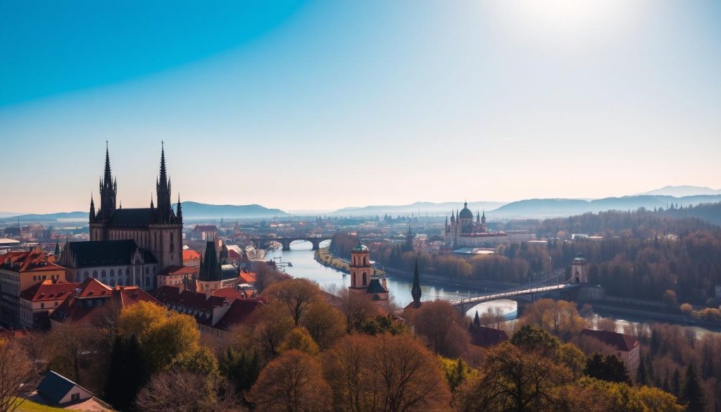 A majestic panorama showcasing the timeless charm of Czechoslovakia's most iconic tourism attractions. In the foreground, the grand, medieval architecture of Prague Castle stands tall, its Gothic spires piercing the crisp, blue sky. In the middle ground, the iconic Charles Bridge, adorned with intricate statues, spans the serene Vltava River, with the historic city's skyline as a backdrop. Farther in the distance, the rolling hills and dense forests of the Bohemian countryside create a serene, natural tableau, bathed in warm, golden sunlight and a soft, hazy glow. The overall scene evokes a sense of timeless wonder, inviting the viewer to explore the rich cultural heritage and natural beauty that define the essence of Czechoslovakia. A majestic panorama showcasing the timeless charm of Czechoslovakia's most iconic tourism attractions. In the foreground, the grand, medieval architecture of Prague Castle stands tall, its Gothic spires piercing the crisp, blue sky. In the middle ground, the iconic Charles Bridge, adorned with intricate statues, spans the serene Vltava River, with the historic city's skyline as a backdrop. Farther in the distance, the rolling hills and dense forests of the Bohemian countryside create a serene, natural tableau, bathed in warm, golden sunlight and a soft, hazy glow. The overall scene evokes a sense of timeless wonder, inviting the viewer to explore the rich cultural heritage and natural beauty that define the essence of Czechoslovakia.
