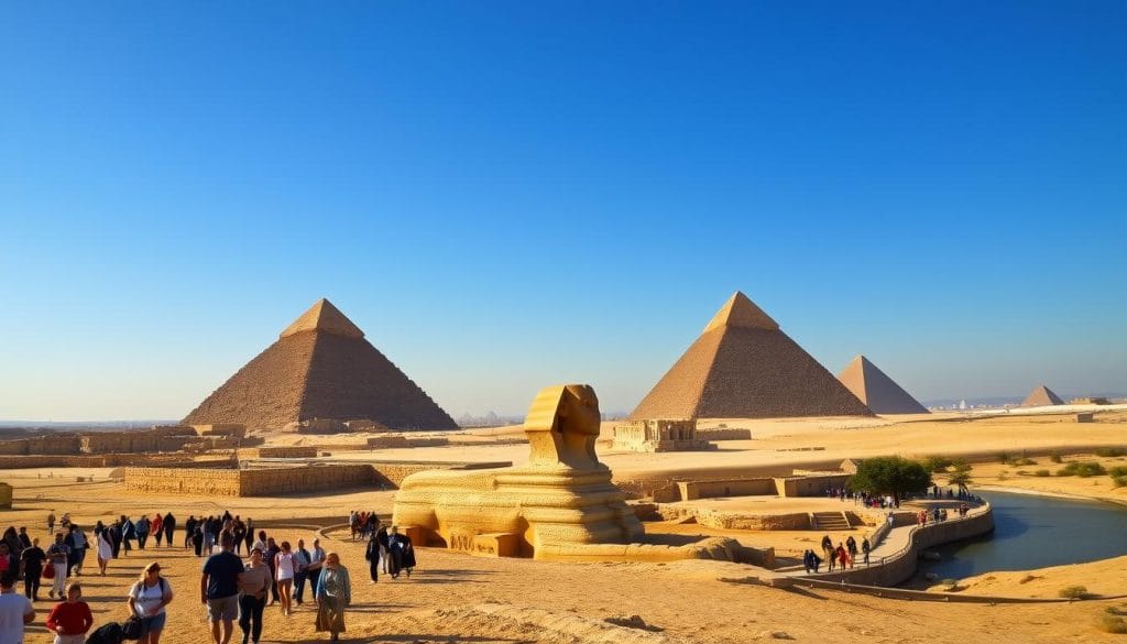 A majestic view of the Giza Pyramids, the iconic landmarks of ancient Egypt, standing tall against a clear blue sky. In the foreground, tourists wander amidst the grand structures, marveling at their sheer scale and engineering prowess. The middle ground features the iconic Sphinx, its enigmatic gaze overlooking the scene. In the background, the Nile River winds its way through the desert landscape, adding to the timeless beauty of the setting. The warm, golden hues of the sun bathe the scene, creating a sense of wonder and reverence for these enduring symbols of human ingenuity.