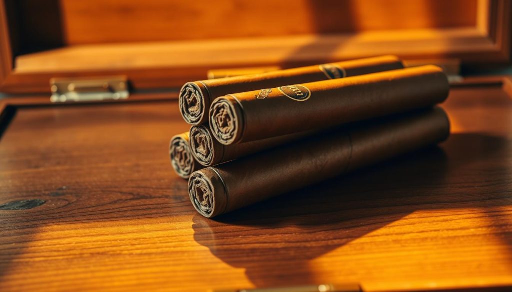 A meticulously crafted still life of a set of premium Cuban cigars resting atop an aged mahogany humidor, illuminated by warm, golden lighting casting soft shadows. The cigars are presented in a visually striking arrangement, showcasing their rich, velvety wrapper leaves and precision-rolled construction. The humidor's polished surface reflects the cigars' fine details, evoking a sense of sophistication and the quintessential Cuban cigar-making tradition. The scene is captured with a shallow depth of field, emphasizing the cigars as the focal point and subtly suggesting the aroma and flavor that these world-renowned tobacco products are known for.
