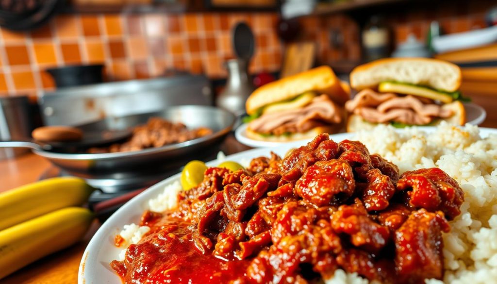 A mouthwatering array of authentic Cuban dishes, sizzling and vibrant, set against a warm, rustic backdrop. In the foreground, a platter showcases the iconic Ropa Vieja, tender shredded beef in a rich tomato-based sauce, accompanied by fragrant white rice and vibrant green plantains. In the middle ground, a sizzling pan of Cubano sandwiches, the golden-brown bread encasing succulent roast pork, ham, Swiss cheese, and tangy pickles. In the background, a glimpse of a traditional Cuban kitchen, with terracotta tiles, wooden beams, and the aroma of simmering black beans and fried malanga wafting through the air. Soft, directional lighting illuminates the scene, capturing the alluring textures and flavors of this culinary celebration.