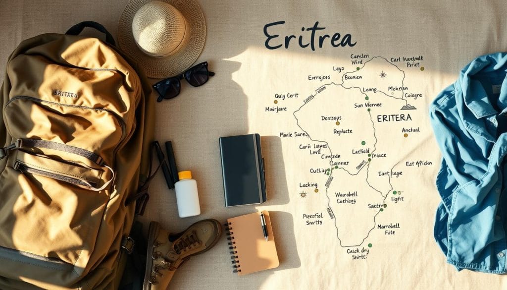 A neatly arranged travel packing list for Eritrea, styled as a handwritten note on a linen textured background. Sunlit from the left, with soft shadows accentuating the textures. In the foreground, various travel essentials like a sturdy backpack, sun hat, sunglasses, insect repellent, and a small notebook. In the middle ground, essential clothing items like hiking boots, quick-dry shirts, and light layers. The background features a hand-drawn map of Eritrea, with key destinations and landmarks highlighted. The overall mood is one of adventure, preparation, and the anticipation of exploring this East African gem. A neatly arranged travel packing list for Eritrea, styled as a handwritten note on a linen textured background. Sunlit from the left, with soft shadows accentuating the textures. In the foreground, various travel essentials like a sturdy backpack, sun hat, sunglasses, insect repellent, and a small notebook. In the middle ground, essential clothing items like hiking boots, quick-dry shirts, and light layers. The background features a hand-drawn map of Eritrea, with key destinations and landmarks highlighted. The overall mood is one of adventure, preparation, and the anticipation of exploring this East African gem.