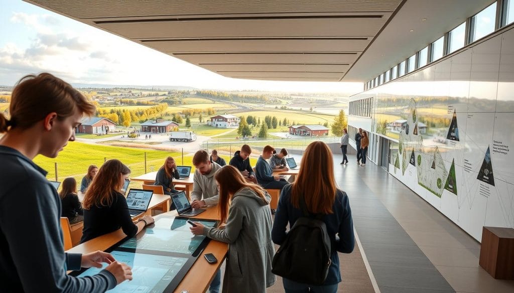 A panoramic view of a modern, innovative Danish educational campus. In the foreground, students engage in hands-on, collaborative learning activities, utilizing cutting-edge technology and interactive displays. The middle ground showcases the architectural design, featuring clean lines, abundant natural light, and sustainable materials. In the background, the picturesque Danish countryside provides a serene, natural backdrop, highlighting the integration of the educational environment with the surrounding landscape. The lighting is soft and warm, conveying a sense of creativity, efficiency, and a strong focus on practical, solution-oriented learning. A panoramic view of a modern, innovative Danish educational campus. In the foreground, students engage in hands-on, collaborative learning activities, utilizing cutting-edge technology and interactive displays. The middle ground showcases the architectural design, featuring clean lines, abundant natural light, and sustainable materials. In the background, the picturesque Danish countryside provides a serene, natural backdrop, highlighting the integration of the educational environment with the surrounding landscape. The lighting is soft and warm, conveying a sense of creativity, efficiency, and a strong focus on practical, solution-oriented learning.