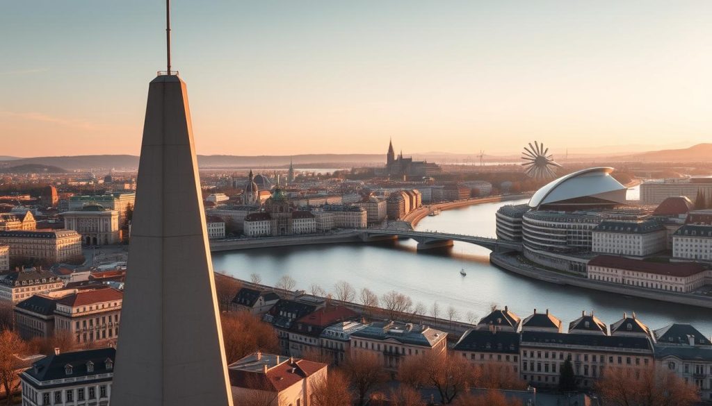 A panoramic view of iconic Czechoslovakian innovations and landmarks, captured with a wide-angle lens in warm, golden hour lighting. In the foreground, the sleek, geometric silhouette of the Petřín Tower rises, its modernist design a testament to the country's architectural prowess. In the middle ground, the elegant curves of the Vltava riverbanks are dotted with the stunning Art Nouveau facades of Prague's historic buildings. In the distance, the angular, futuristic profile of the Expo '58 pavilion stands as a symbol of Czechoslovakia's pioneering spirit in design and technology. The overall scene conveys a sense of timeless sophistication and progressive vision that defined the country's innovative legacy. A panoramic view of iconic Czechoslovakian innovations and landmarks, captured with a wide-angle lens in warm, golden hour lighting. In the foreground, the sleek, geometric silhouette of the Petřín Tower rises, its modernist design a testament to the country's architectural prowess. In the middle ground, the elegant curves of the Vltava riverbanks are dotted with the stunning Art Nouveau facades of Prague's historic buildings. In the distance, the angular, futuristic profile of the Expo '58 pavilion stands as a symbol of Czechoslovakia's pioneering spirit in design and technology. The overall scene conveys a sense of timeless sophistication and progressive vision that defined the country's innovative legacy.