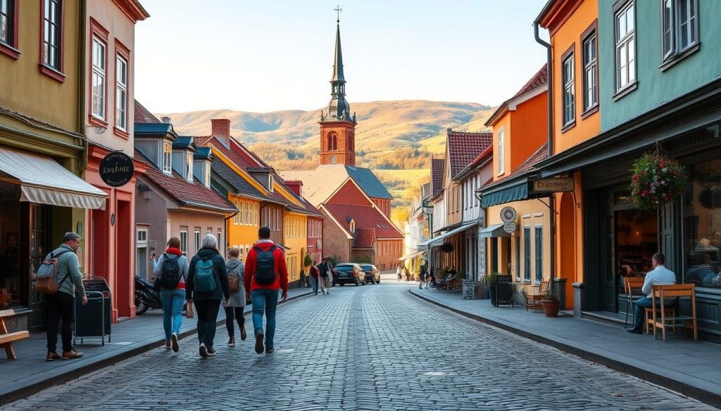 A picturesque Estonian street with colorful buildings and cobblestone pathways, captured in a wide-angle lens. In the foreground, a group of budget-savvy travelers with backpacks explore the unique local shops and cafes. The middle ground features a historic church spire peeking out above the rooftops, while the background showcases the rolling hills and lush green landscapes that characterize Estonia's stunning natural beauty. The scene is bathed in warm, golden light, creating a cozy and inviting atmosphere that perfectly encapsulates the spirit of budget-friendly travel in this enchanting Baltic nation.