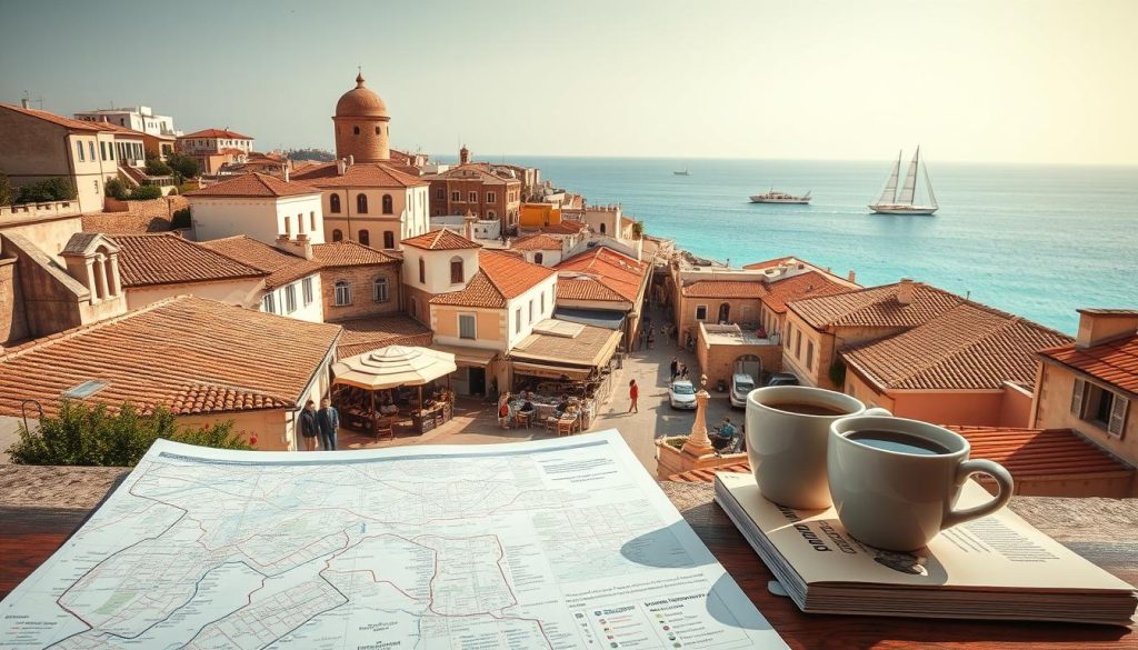 A picturesque Mediterranean cityscape in Cyprus, with sun-drenched terracotta rooftops, narrow winding streets, and vibrant local markets. In the foreground, a travelers' map and notepad, hinting at the planning process, accompanied by a guidebook and a cup of aromatic Cypriot coffee. In the middle ground, people strolling through the historic old town, exploring architectural gems and cultural landmarks. In the background, the azure waters of the Mediterranean Sea, with a sailing ship on the horizon, setting the stage for a dream vacation. Soft, warm lighting casts a golden glow, evoking the Mediterranean ambiance. A wide-angle lens captures the essence of Cyprus, ready to inspire your next travel adventure.