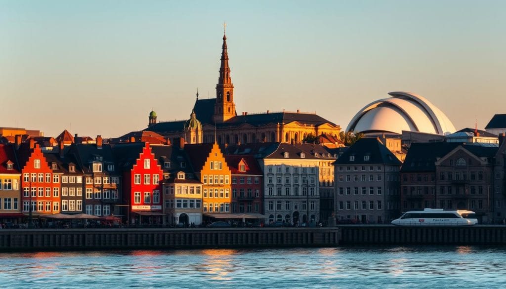 A picturesque cityscape of Denmark's iconic cultural landmarks, bathed in warm, golden evening light. In the foreground, the whimsical spires of Nyhavn's colorful 17th-century townhouses stand tall, their reflections rippling in the calm canal waters. In the middle ground, the imposing silhouette of the Renaissance-style Christiansborg Palace dominates the skyline, its ornate facades and towers casting dramatic shadows. In the distance, the delicate, swan-like curves of the futuristic Copenhagen Opera House rise elegantly, contrasting with the historic structures nearby. The scene exudes a harmonious blend of old-world charm and modern elegance, capturing the essence of Denmark's rich cultural heritage. A picturesque cityscape of Denmark's iconic cultural landmarks, bathed in warm, golden evening light. In the foreground, the whimsical spires of Nyhavn's colorful 17th-century townhouses stand tall, their reflections rippling in the calm canal waters. In the middle ground, the imposing silhouette of the Renaissance-style Christiansborg Palace dominates the skyline, its ornate facades and towers casting dramatic shadows. In the distance, the delicate, swan-like curves of the futuristic Copenhagen Opera House rise elegantly, contrasting with the historic structures nearby. The scene exudes a harmonious blend of old-world charm and modern elegance, capturing the essence of Denmark's rich cultural heritage.