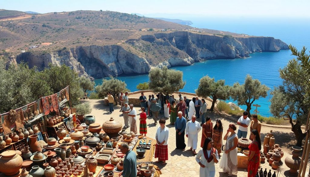 A picturesque landscape of Cyprus, with rugged cliffs and azure waters in the background. In the foreground, local artisans showcase their traditional crafts - intricate pottery, vibrant textiles, and exquisite metalwork. Warm Mediterranean sunlight filters through olive groves, casting a golden glow over the scene. In the middle ground, people in traditional Cypriot attire gather, engaged in lively conversations and cultural celebrations. The atmosphere is one of rich heritage, community, and a deep connection to the island's natural beauty.