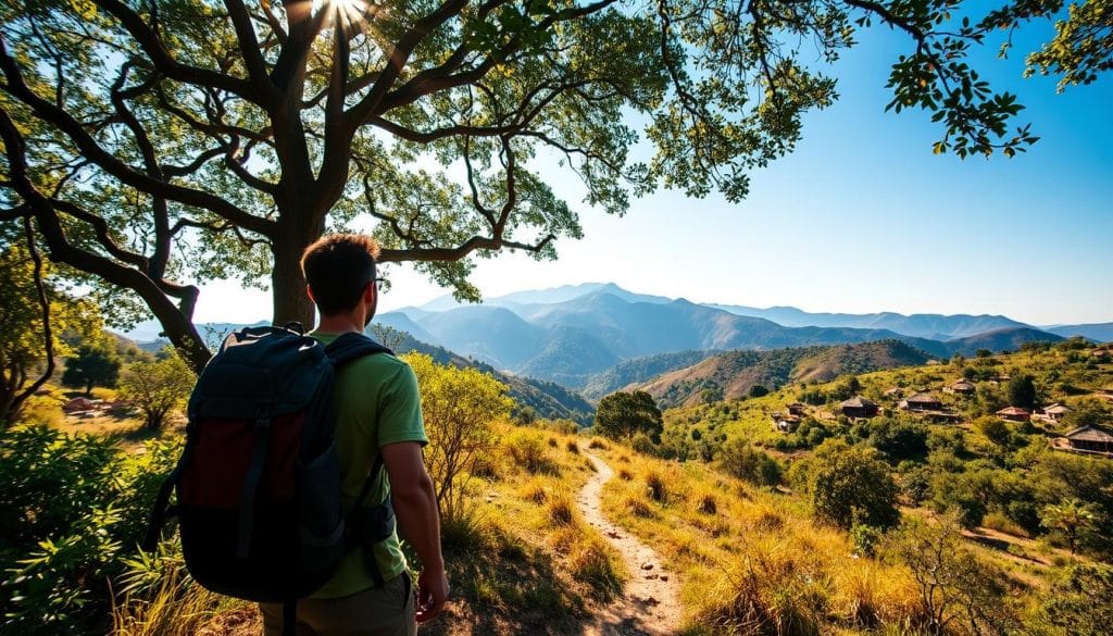 A picturesque landscape of Eswatini, the Kingdom of Swaziland, comes into view. In the foreground, a well-equipped traveler stands, backpack strapped on, exploring a lush, verdant trail leading into the distance. Sunlight filters through the canopy of ancient trees, casting a warm, golden glow over the scene. In the middle ground, rolling hills dotted with traditional rondavel huts and small villages come into focus, showcasing the unique local architecture. The background features the majestic Mdzimba Mountains, their peaks rising majestically against a clear, azure sky. The overall mood is one of tranquility, adventure, and cultural immersion, inviting the viewer to imagine the unique experiences that await in this enchanting African kingdom. A picturesque landscape of Eswatini, the Kingdom of Swaziland, comes into view. In the foreground, a well-equipped traveler stands, backpack strapped on, exploring a lush, verdant trail leading into the distance. Sunlight filters through the canopy of ancient trees, casting a warm, golden glow over the scene. In the middle ground, rolling hills dotted with traditional rondavel huts and small villages come into focus, showcasing the unique local architecture. The background features the majestic Mdzimba Mountains, their peaks rising majestically against a clear, azure sky. The overall mood is one of tranquility, adventure, and cultural immersion, inviting the viewer to imagine the unique experiences that await in this enchanting African kingdom.