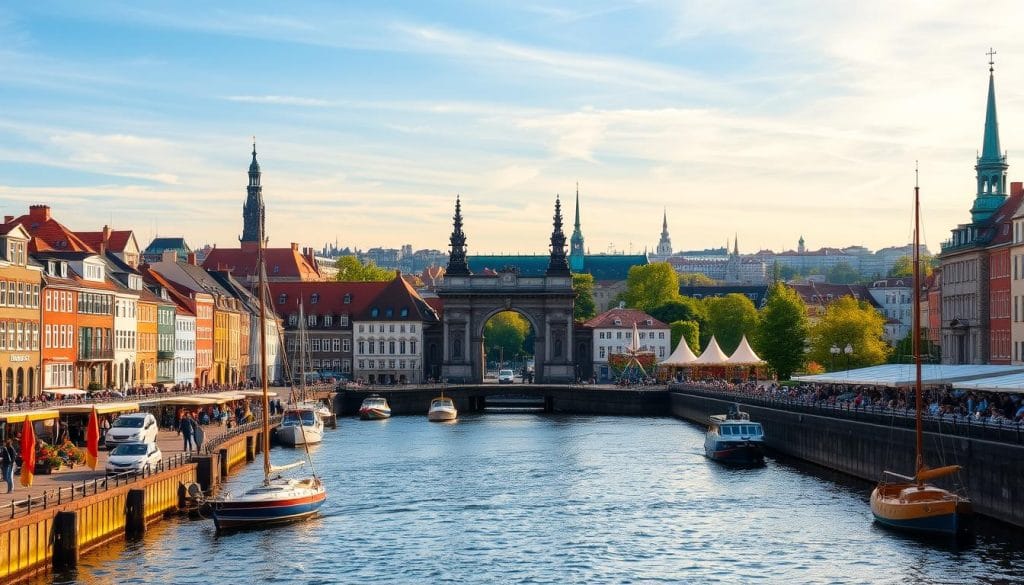 A picturesque scene of Copenhagen's iconic Nyhavn harbour and the vibrant Tivoli Gardens. In the foreground, the colourful historic townhouses and cobblestone quay of Nyhavn, with sailboats and water taxis drifting in the calm canal. In the middle ground, the imposing Tivoli entrance gate and the park's lush greenery and fairground rides, bathed in warm afternoon sunlight. In the background, the spires and rooftops of Copenhagen's historic city centre, under a soft, blue sky with wispy clouds. The scene evokes the charm, history, and lively culture that make Copenhagen a truly unique European capital. A picturesque scene of Copenhagen's iconic Nyhavn harbour and the vibrant Tivoli Gardens. In the foreground, the colourful historic townhouses and cobblestone quay of Nyhavn, with sailboats and water taxis drifting in the calm canal. In the middle ground, the imposing Tivoli entrance gate and the park's lush greenery and fairground rides, bathed in warm afternoon sunlight. In the background, the spires and rooftops of Copenhagen's historic city centre, under a soft, blue sky with wispy clouds. The scene evokes the charm, history, and lively culture that make Copenhagen a truly unique European capital.