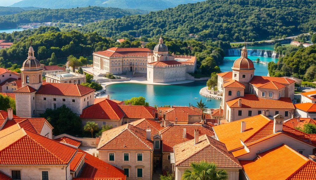 A picturesque scene of Croatia's historical landmarks bathed in warm Mediterranean light. In the foreground, the iconic orange-tiled roofs and medieval architecture of Dubrovnik's Old Town, with its towering city walls and fortified gates. In the middle ground, the majestic Diocletian's Palace in Split, a sprawling Roman imperial complex with its peristyle and cathedral. In the distant background, the scenic Plitvice Lakes National Park, its turquoise cascading waterfalls framed by lush, verdant forests. The composition captures the essence of Croatia's architectural heritage, showcasing the country's distinct blend of ancient and medieval influences, set against a backdrop of stunning natural beauty.