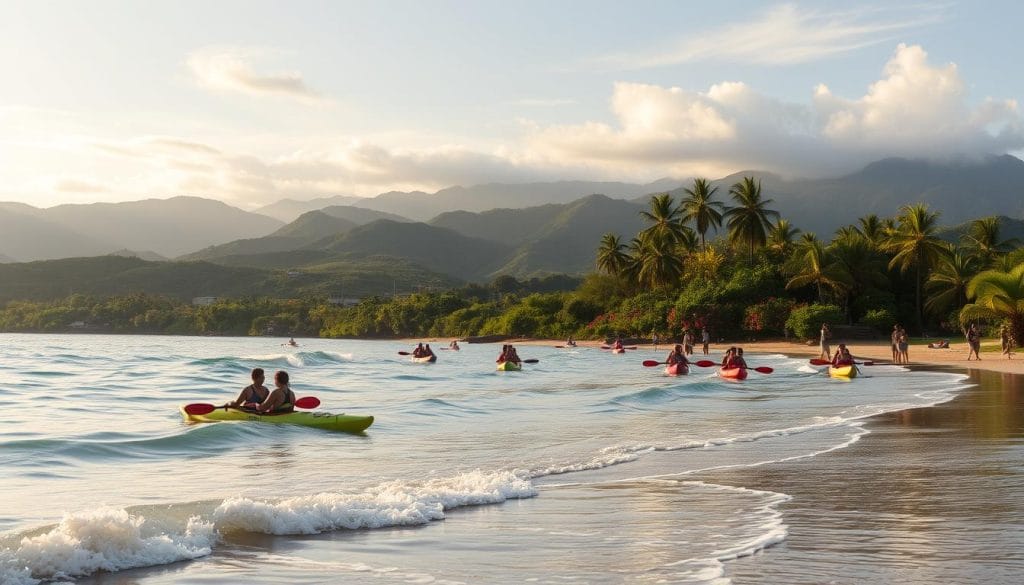 A pristine beach in El Salvador, with gentle waves lapping at the shore. In the foreground, a group of locals and tourists engage in sustainable activities - kayaking, beach cleanups, and eco-friendly tours. The middle ground features a lush, verdant landscape with palm trees and vibrant flora. In the background, rolling hills and mountains create a serene, natural backdrop, illuminated by warm, golden sunlight filtering through wispy clouds. The scene exudes a sense of harmony between people and nature, showcasing El Salvador's commitment to responsible, community-driven tourism.