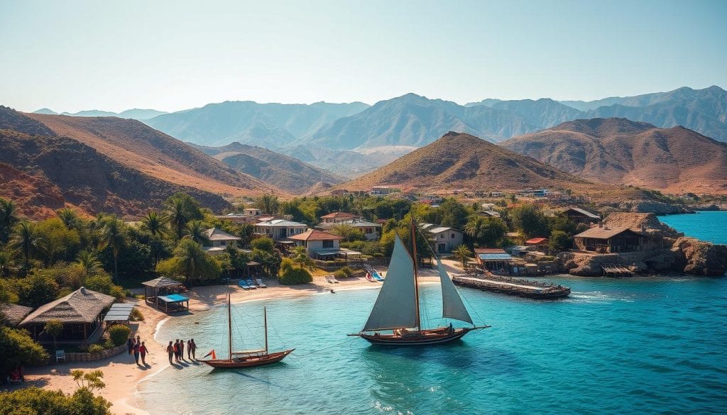 A pristine, sun-dappled vista of Eritrea's rugged coastline, with traditional dhows sailing peacefully across the turquoise waters. In the foreground, a group of travelers explore a lush, eco-friendly beach resort, with thatched-roof bungalows nestled among vibrant native flora. The middle ground showcases a bustling village, where locals engage in sustainable practices, from solar-powered homes to organic farming. In the distance, majestic mountains rise, their slopes covered in lush greenery, hinting at Eritrea's diverse and well-preserved natural landscapes. The scene is bathed in warm, golden light, conveying a sense of tranquility and harmony between people and the environment. A pristine, sun-dappled vista of Eritrea's rugged coastline, with traditional dhows sailing peacefully across the turquoise waters. In the foreground, a group of travelers explore a lush, eco-friendly beach resort, with thatched-roof bungalows nestled among vibrant native flora. The middle ground showcases a bustling village, where locals engage in sustainable practices, from solar-powered homes to organic farming. In the distance, majestic mountains rise, their slopes covered in lush greenery, hinting at Eritrea's diverse and well-preserved natural landscapes. The scene is bathed in warm, golden light, conveying a sense of tranquility and harmony between people and the environment.