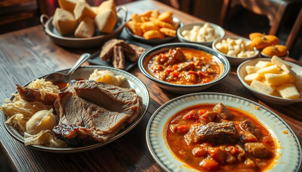A rustic wooden table showcases an array of traditional Czech dishes. In the foreground, steaming platters of roasted pork with crispy skin, tangy sauerkraut, and fluffy bread dumplings. In the middle ground, a hearty goulash stew with tender beef, thick paprika-infused broth, and a side of dumplings. In the background, a platter of golden-fried breaded cheese, known as smažený sýr, and a bowl of creamy potato salad. The scene is bathed in warm, natural lighting, capturing the cozy, homestyle ambiance of Czech cuisine. The overall mood is one of comfort, tradition, and soulful, hearty flavors.