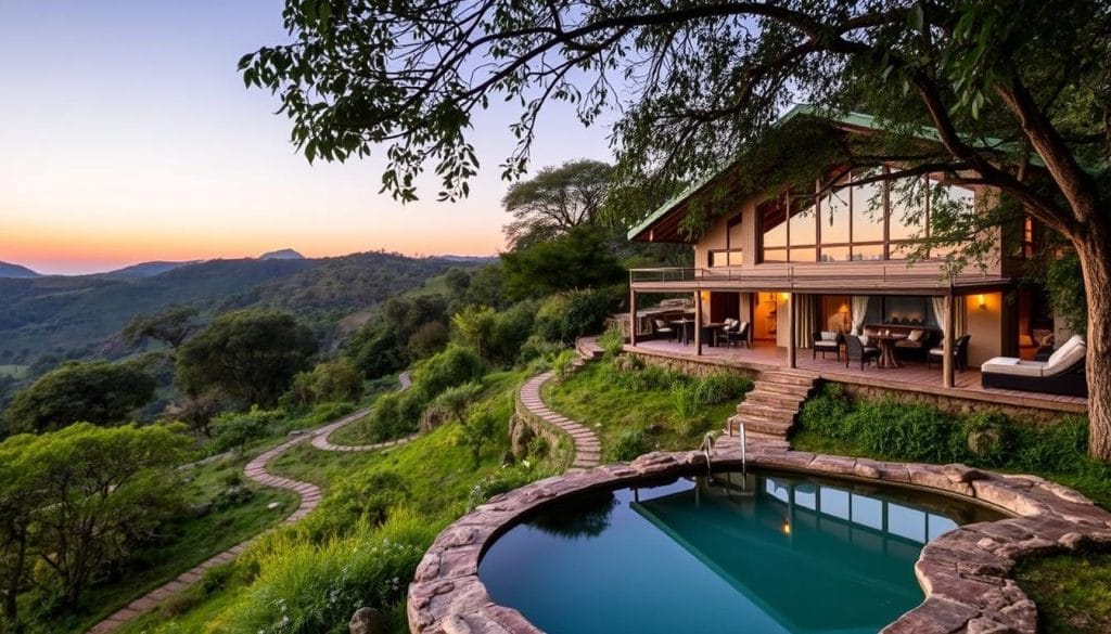 A scenic eco-lodge nestled in the lush, rolling hills of Eswatini. The main structure, built with sustainable local materials, blends seamlessly into the verdant landscape. Large windows and airy verandas provide panoramic views of the pristine wilderness. In the foreground, a tranquil natural pool reflects the surrounding flora. Meandering pathways wind through the grounds, connecting cozy guest accommodations that prioritize comfort and eco-consciousness. Soft, diffused lighting illuminates the scene, creating a serene and inviting ambiance for eco-conscious travelers seeking an authentic connection to the natural beauty of Eswatini. A scenic eco-lodge nestled in the lush, rolling hills of Eswatini. The main structure, built with sustainable local materials, blends seamlessly into the verdant landscape. Large windows and airy verandas provide panoramic views of the pristine wilderness. In the foreground, a tranquil natural pool reflects the surrounding flora. Meandering pathways wind through the grounds, connecting cozy guest accommodations that prioritize comfort and eco-consciousness. Soft, diffused lighting illuminates the scene, creating a serene and inviting ambiance for eco-conscious travelers seeking an authentic connection to the natural beauty of Eswatini.
