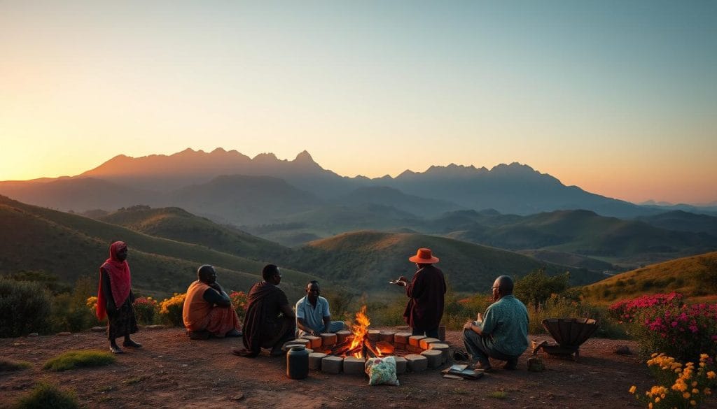 A scenic landscape in Eswatini during the optimal time to visit, showcasing the country's natural beauty and unique cultural experiences. In the foreground, a group of locals in traditional attire gather around a fire, sharing stories and preparing a traditional meal. In the middle ground, rolling hills dotted with vibrant wildflowers and lush vegetation create a serene backdrop. The background features towering mountain peaks bathed in warm, golden light, as the sun sets over the horizon, casting a soft, ethereal glow across the scene. The image should evoke a sense of tranquility, cultural immersion, and the perfect timing to fully immerse oneself in the wonders of Eswatini. A scenic landscape in Eswatini during the optimal time to visit, showcasing the country's natural beauty and unique cultural experiences. In the foreground, a group of locals in traditional attire gather around a fire, sharing stories and preparing a traditional meal. In the middle ground, rolling hills dotted with vibrant wildflowers and lush vegetation create a serene backdrop. The background features towering mountain peaks bathed in warm, golden light, as the sun sets over the horizon, casting a soft, ethereal glow across the scene. The image should evoke a sense of tranquility, cultural immersion, and the perfect timing to fully immerse oneself in the wonders of Eswatini.