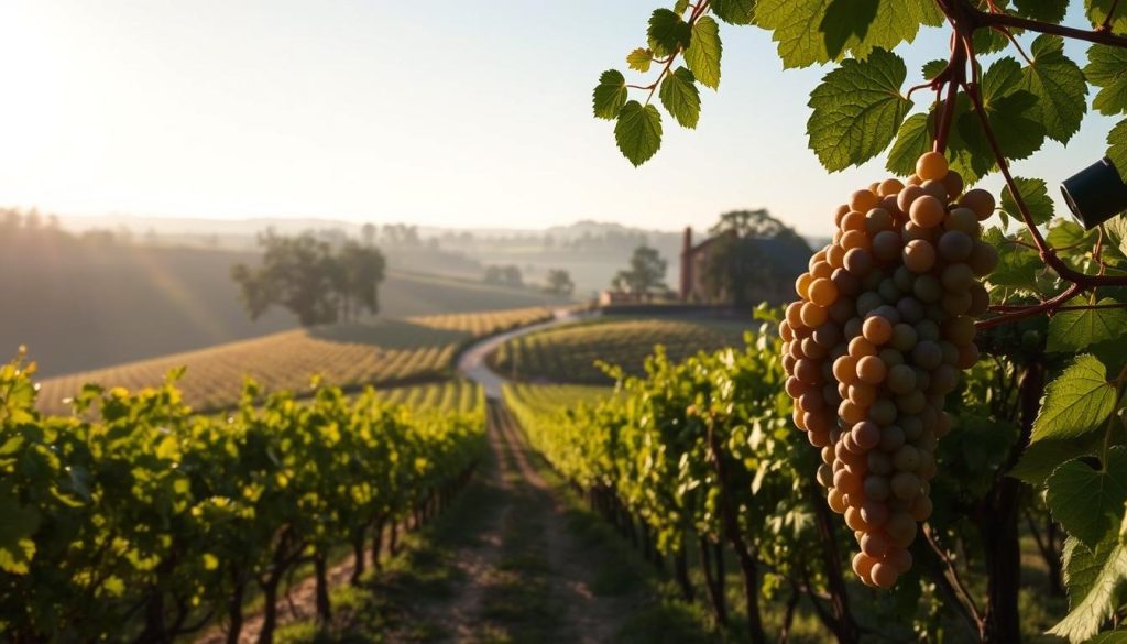 A secluded Moravian vineyard nestled among rolling hills, the morning sun casting a warm glow across the verdant vines. In the foreground, clusters of ripe grapes hang in the gentle breeze, beckoning to be harvested. The middle ground reveals a winding path leading toward a quaint stone winery, its rustic charm echoing the region's centuries-old winemaking traditions. In the distance, the hazy silhouettes of ancient oak trees dot the horizon, creating a serene and timeless landscape. The overall mood is one of tranquility and deep connection to the land, capturing the essence of Moravia's lesser-known yet exceptional wine country.