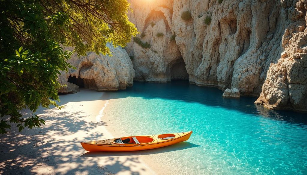 A secluded cove along the rugged coastline of Cyprus, with crystal-clear turquoise waters lapping against sun-kissed rocky outcroppings. Lush, verdant foliage cascades down the steep cliffs, casting dappled shadows over the hidden beach below. Warm, golden sunlight filters through the canopy, illuminating the scene with a dreamy, magical atmosphere. A lone kayak is beached on the fine, powdery sand, hinting at the adventurous explorations to be had in this enchanting, off-the-beaten-path paradise. Dramatic, weathered limestone formations frame the tranquil, sheltered bay, offering a sense of seclusion and discovery.