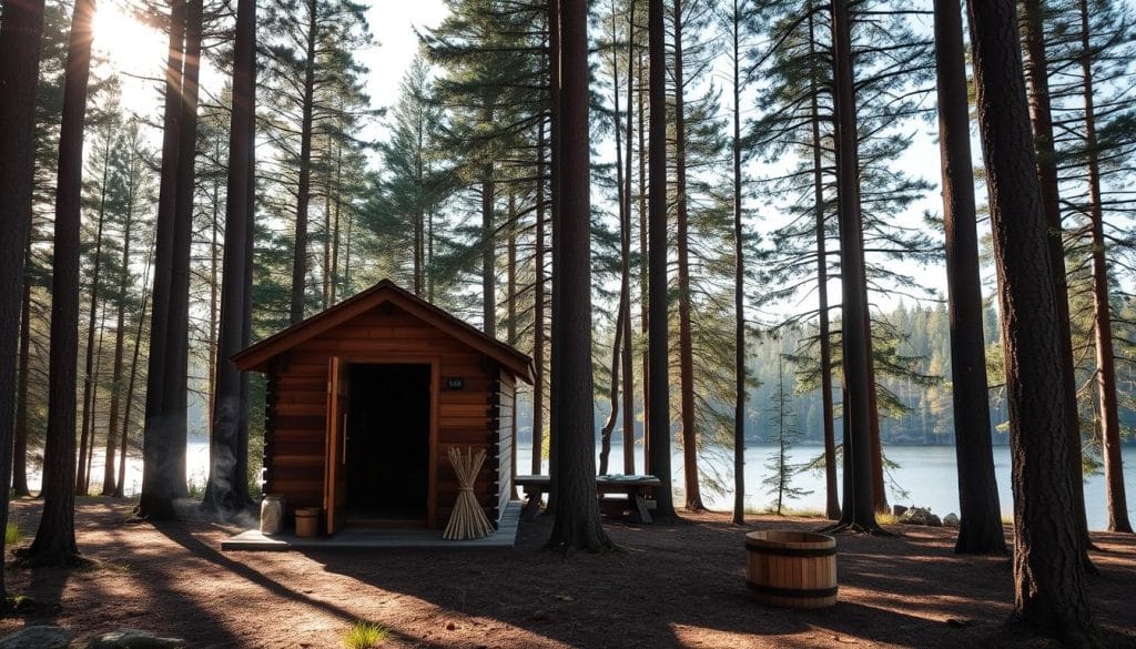 A serene Estonian forest with towering pines, sunlight filtering through the canopy, casting a warm glow. In the foreground, a traditional wooden sauna nestled among the trees, its smoke curling lazily into the air. Birch branches and a wooden bucket sit outside, ready for the ritual cleansing. The sauna's door stands ajar, inviting visitors to step inside and experience the soothing heat and tranquility of this ancient practice. The background reveals a lake or river, its calm waters reflecting the surrounding forest. An atmosphere of peaceful connection with nature pervades the scene, capturing the essence of the Estonian way of life.