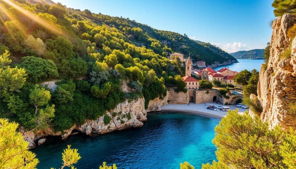 A serene cove nestled between rugged cliffs, turquoise waters lapping gently against a pebbled beach. Lush, verdant foliage cascades down the slopes, creating a hidden haven sheltered from the world. Warm, golden sunlight filters through the trees, casting a soft, dreamy glow. In the distance, a small, charming village with traditional stone houses and terracotta roofs, its church steeple peeking out. A picturesque, undiscovered paradise that captures the essence of Croatia's natural beauty and quiet allure.