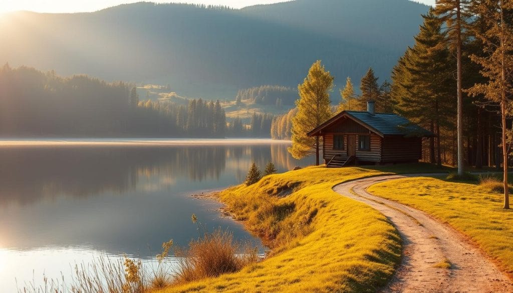 A serene lakeside landscape in Estonia, with rolling hills and lush forests in the background. A small, traditional wooden cabin nestled among the trees, its reflection mirrored in the calm waters. Sunlight filters through the foliage, casting warm, golden hues and creating a sense of tranquility. In the foreground, a winding path leads to the cabin, inviting the viewer to explore this hidden gem destination. The scene evokes a feeling of peaceful isolation, a getaway from the hustle and bustle of everyday life.