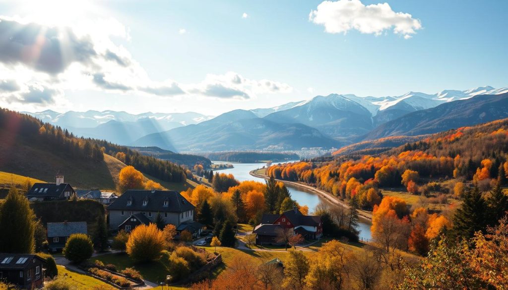 A serene landscape in Czechia, capturing the beauty of its four seasons. In the foreground, a picturesque village nestled among rolling hills, with thatched-roof cottages and colorful, blooming gardens in spring. In the middle ground, a winding river reflecting the vibrant autumn foliage. In the background, majestic snow-capped mountains under a crisp, clear winter sky. Warm sunlight filters through fluffy clouds, casting a golden glow over the entire scene. The image conveys the tranquility and charm of Czechia, enticing the viewer to explore its diverse seasonal attractions.