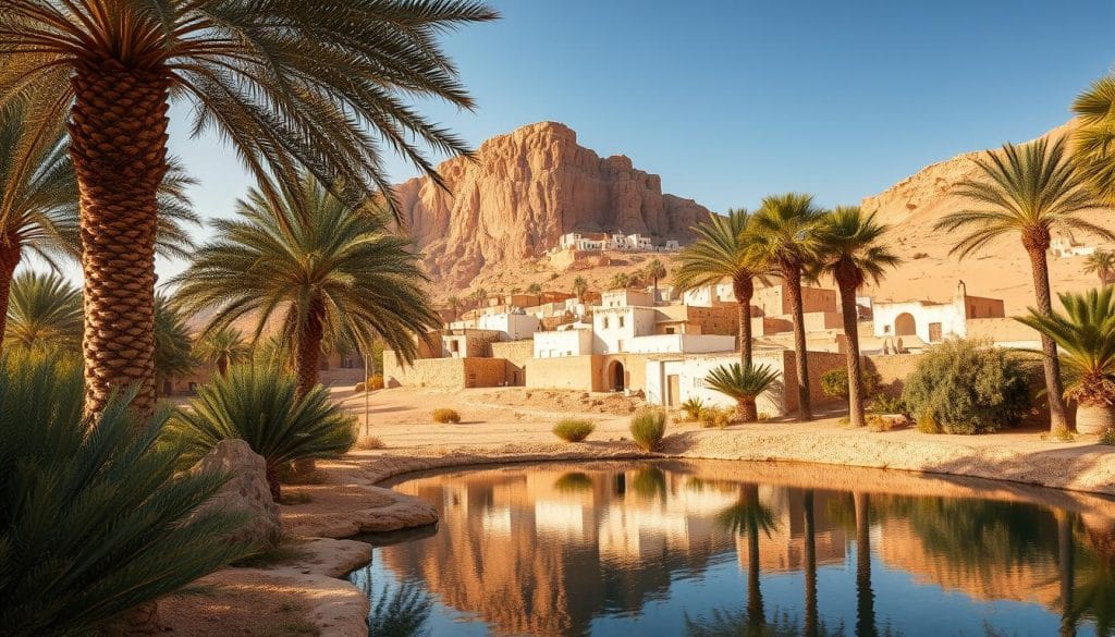 A serene oasis nestled in the heart of the Western Desert, Siwa enchants with its lush palm groves, turquoise springs, and ancient ruins. Capture the captivating contrast of the golden sand dunes and the vibrant green foliage in a wide-angle shot, bathed in the warm, golden light of the late afternoon sun. In the foreground, a tranquil pool reflects the towering date palms, while in the middle ground, the whitewashed mud-brick structures of the historic town rise up, their weathered facades gleaming. In the background, the majestic Gebel el-Mawta, or "Mountain of the Dead," looms, its rugged cliffs and ancient tombs a testament to Siwa's storied past. Imbue the scene with a sense of timeless serenity and the allure of a hidden, enchanting world.