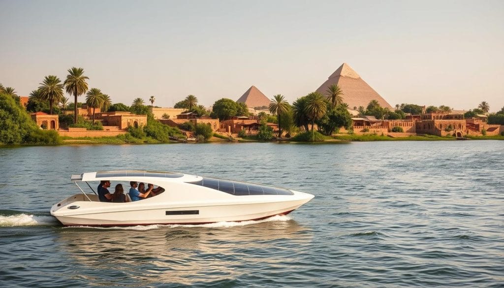 A serene riverboat glides along the iconic Nile River, its passengers captivated by the lush, verdant banks. In the foreground, a solar-powered craft showcases eco-friendly travel, its sleek design blending seamlessly with the tranquil, sun-dappled waters. The middle ground reveals traditional mud-brick buildings and palm trees, while the background features the timeless silhouettes of the Pyramids of Giza, bathed in a warm, golden glow. The scene exudes a sense of harmony and sustainability, capturing the essence of Egypt's renowned Nile River and its enduring connection to the land.