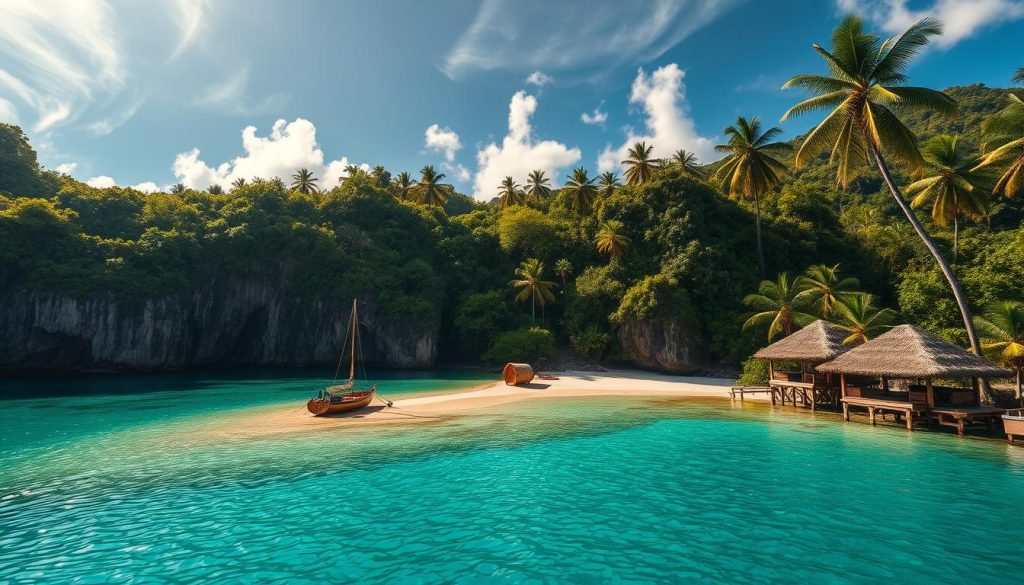 A serene, sun-dappled cove nestled between lush, verdant cliffs on a remote tropical island. Turquoise waters gently lap against white-sand beaches, inviting visitors to explore hidden trails and discover secluded swimming holes. In the middle ground, traditional thatched-roof huts dot the shoreline, blending seamlessly with the natural landscape. The background is framed by towering palm trees swaying in a gentle breeze, creating a tranquil, off-the-beaten-path atmosphere. Soft, warm lighting filters through wispy clouds, casting a golden glow over the scene. A sense of discovery and adventure permeates the image, capturing the essence of a hidden gem destination. A serene, sun-dappled cove nestled between lush, verdant cliffs on a remote tropical island. Turquoise waters gently lap against white-sand beaches, inviting visitors to explore hidden trails and discover secluded swimming holes. In the middle ground, traditional thatched-roof huts dot the shoreline, blending seamlessly with the natural landscape. The background is framed by towering palm trees swaying in a gentle breeze, creating a tranquil, off-the-beaten-path atmosphere. Soft, warm lighting filters through wispy clouds, casting a golden glow over the scene. A sense of discovery and adventure permeates the image, capturing the essence of a hidden gem destination.