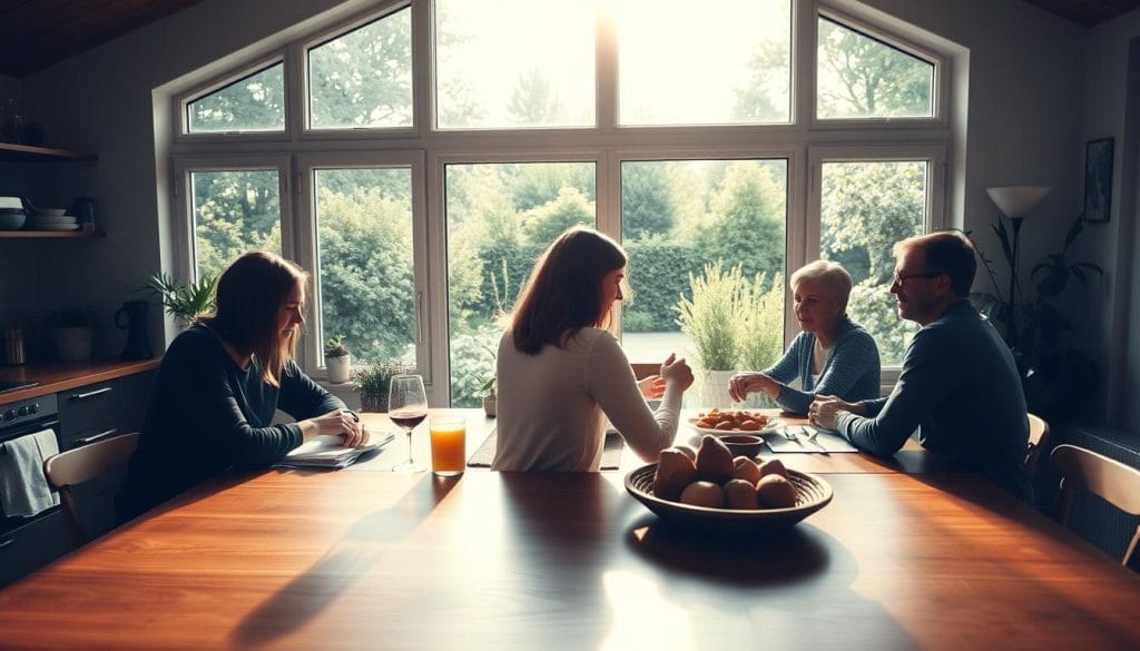 A serene, sun-dappled scene of a cozy Danish home, with large windows letting in natural light. In the foreground, a family gathers around a polished wooden table, enjoying a leisurely meal together. The middle ground features a well-equipped, modern kitchen, showcasing the prioritization of work-life balance. In the background, a lush, verdant garden provides a tranquil, peaceful backdrop, reflecting the country's emphasis on social welfare and quality of life. The atmosphere is one of contentment, with soft, warm lighting and muted, earthy tones creating a sense of harmony and balance. A serene, sun-dappled scene of a cozy Danish home, with large windows letting in natural light. In the foreground, a family gathers around a polished wooden table, enjoying a leisurely meal together. The middle ground features a well-equipped, modern kitchen, showcasing the prioritization of work-life balance. In the background, a lush, verdant garden provides a tranquil, peaceful backdrop, reflecting the country's emphasis on social welfare and quality of life. The atmosphere is one of contentment, with soft, warm lighting and muted, earthy tones creating a sense of harmony and balance.