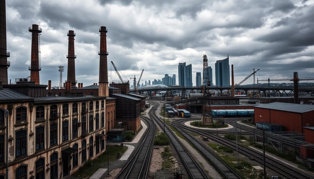 A sprawling complex of towering chimneys, rusting gantry cranes, and weathered industrial buildings stands against a backdrop of moody, overcast skies. The foreground is dominated by the weathered facade of an iconic Czech factory, its ornate windows and decorative metalwork a testament to the country's rich industrial heritage. In the middle ground, a network of railway tracks and cobblestone paths wind through the site, leading the eye towards the distant horizon where modern glass-and-steel towers rise up, blending the old and new. The lighting is dramatic, with deep shadows and highlights that accentuate the textures and details of the scene, creating a sense of timeless, gritty elegance. The atmosphere is one of quiet contemplation, a reflection on the evolution of Czechia's industrial identity.